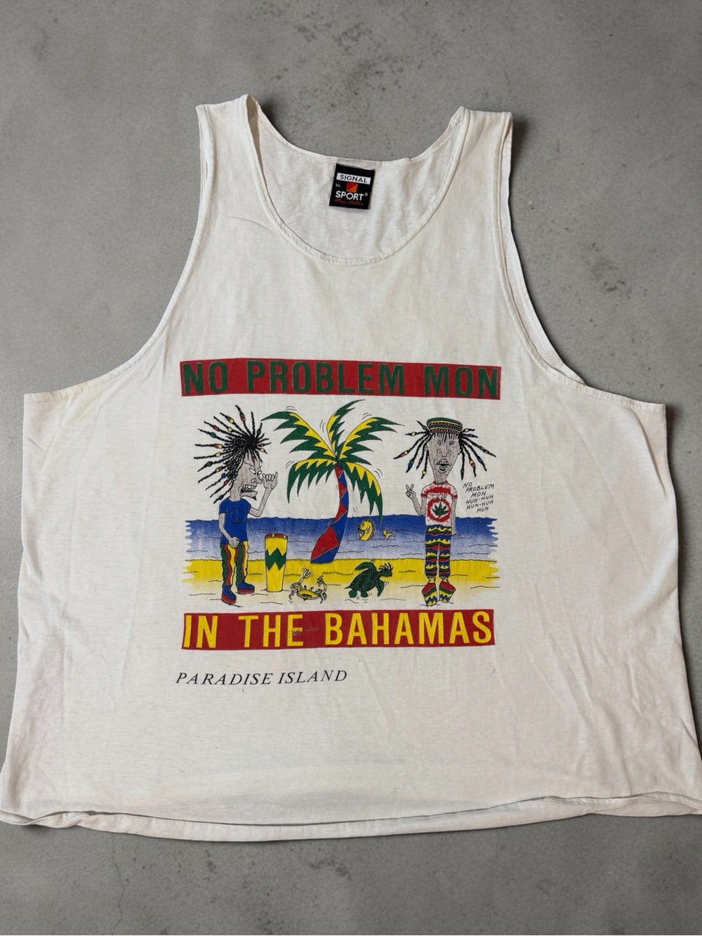 Vtg 1990 bevis and butt head Sport White "No Problem Mon" Bahamas Graphic Tank
